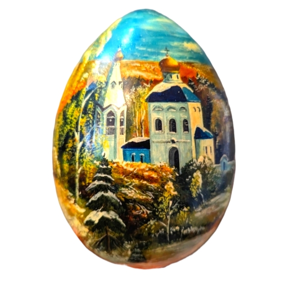 Russian Painted Wood Egg with Church Large - Picture 1 of 5